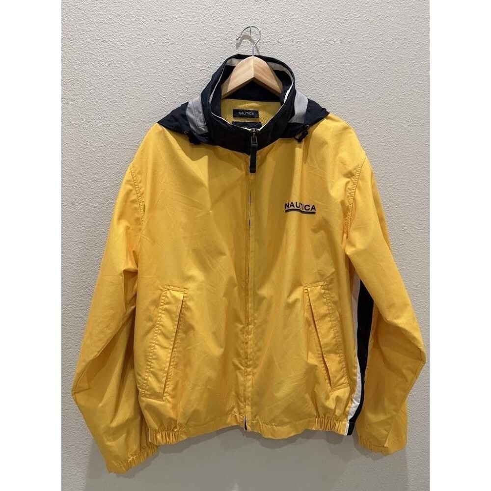 Nautica Vintage Sailing Graphic Windbreaker Jacket Yellow Navy Blue Men's Large